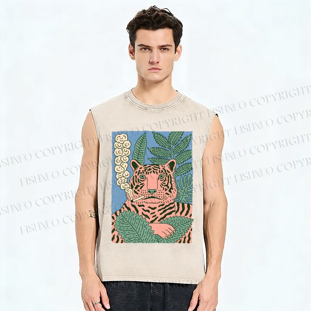 Unisex Vintage Tiger Smoking Printed Washed Tank Top