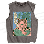 Unisex Vintage Tiger Smoking Printed Washed Tank Top