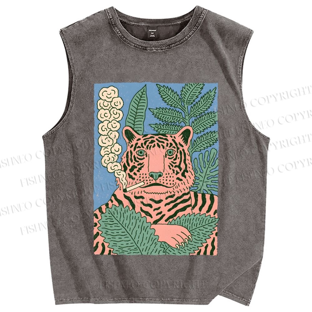 Unisex Vintage Tiger Smoking Printed Washed Tank Top