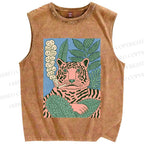 Unisex Vintage Tiger Smoking Printed Washed Tank Top