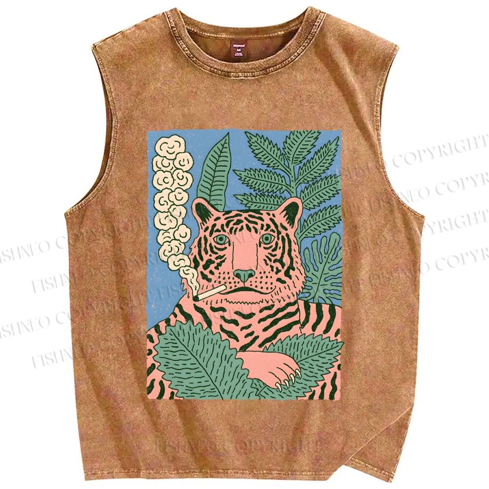 Unisex Vintage Tiger Smoking Printed Washed Tank Top