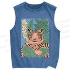 Unisex Vintage Tiger Smoking Printed Washed Tank Top