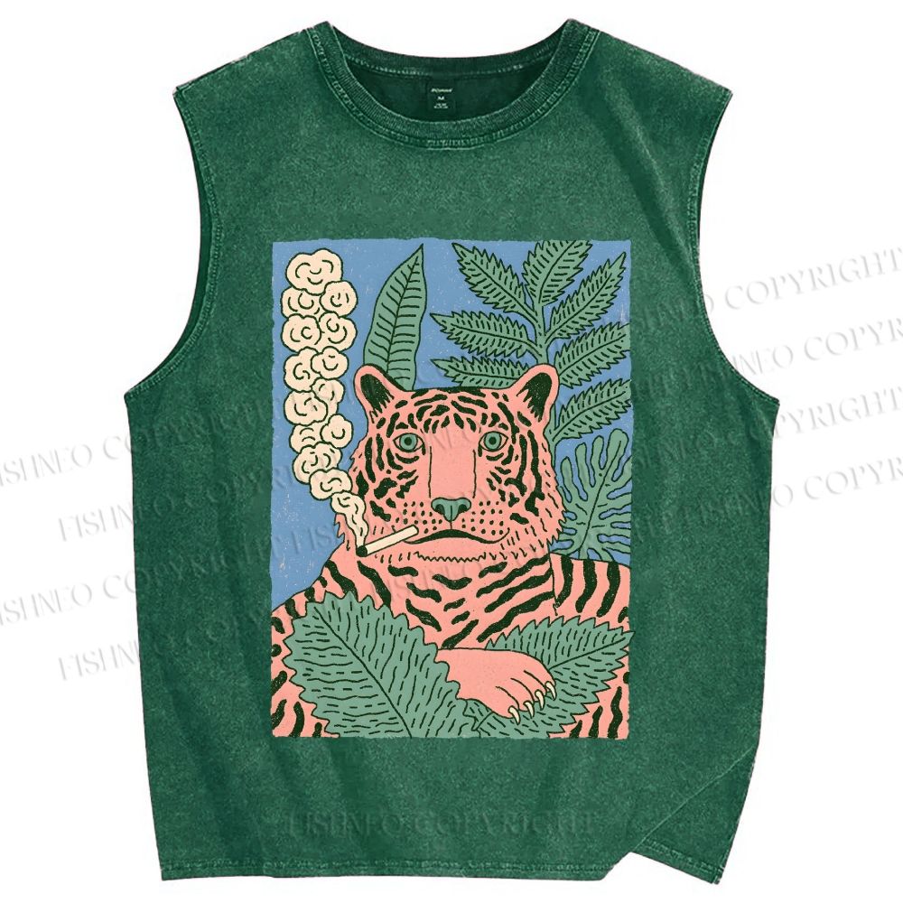 Unisex Vintage Tiger Smoking Printed Washed Tank Top