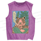 Unisex Vintage Tiger Smoking Printed Washed Tank Top