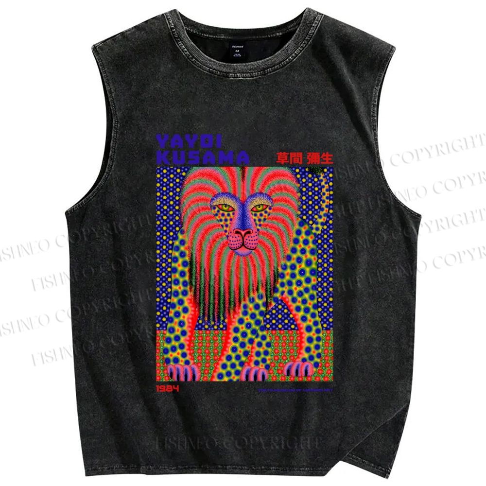 Unisex Yayoi Kusama Funny Lion Printed Washed Tank Top