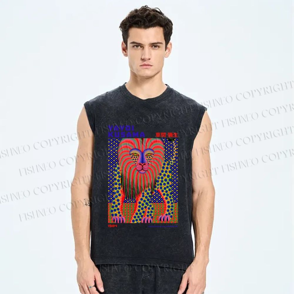 Unisex Yayoi Kusama Funny Lion Printed Washed Tank Top
