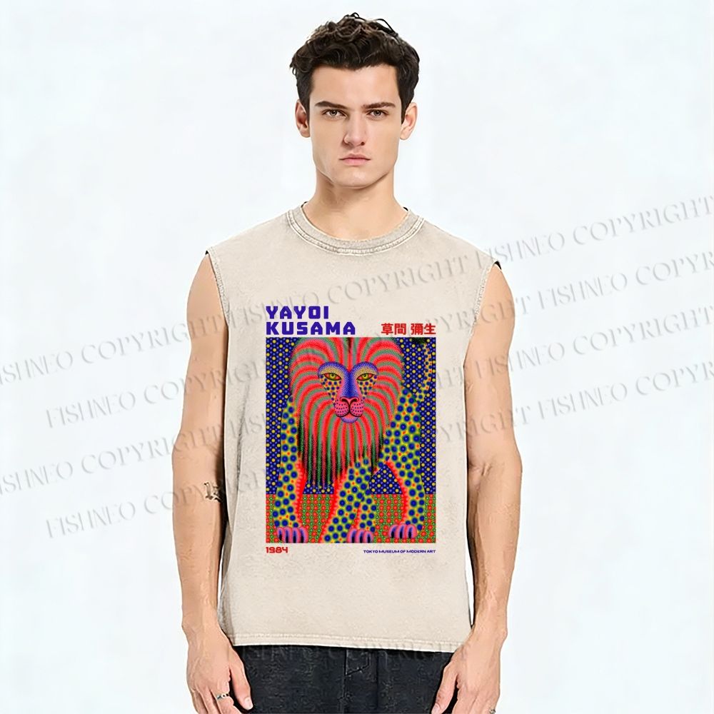 Unisex Yayoi Kusama Funny Lion Printed Washed Tank Top