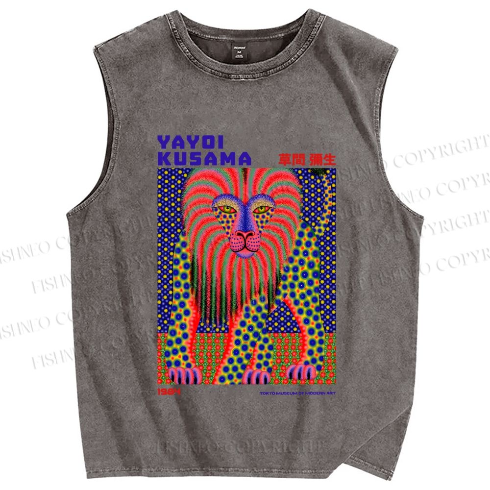 Unisex Yayoi Kusama Funny Lion Printed Washed Tank Top