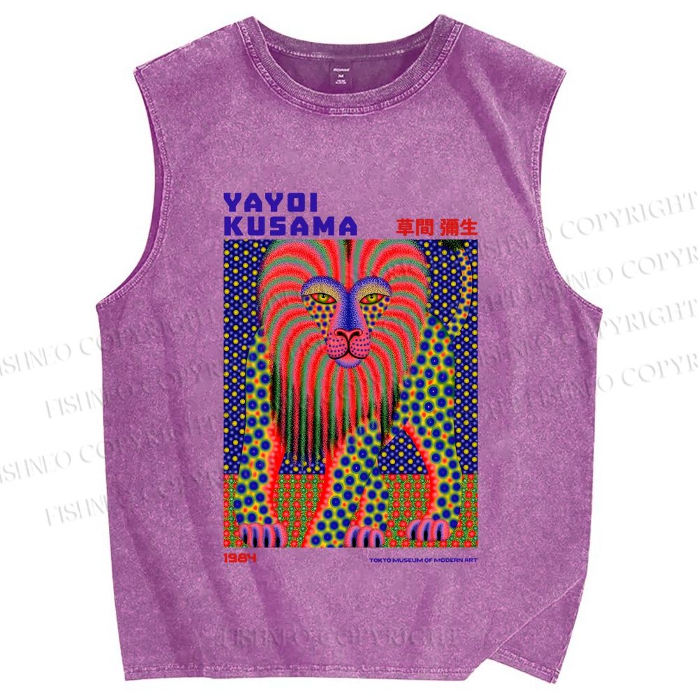 Unisex Yayoi Kusama Funny Lion Printed Washed Tank Top