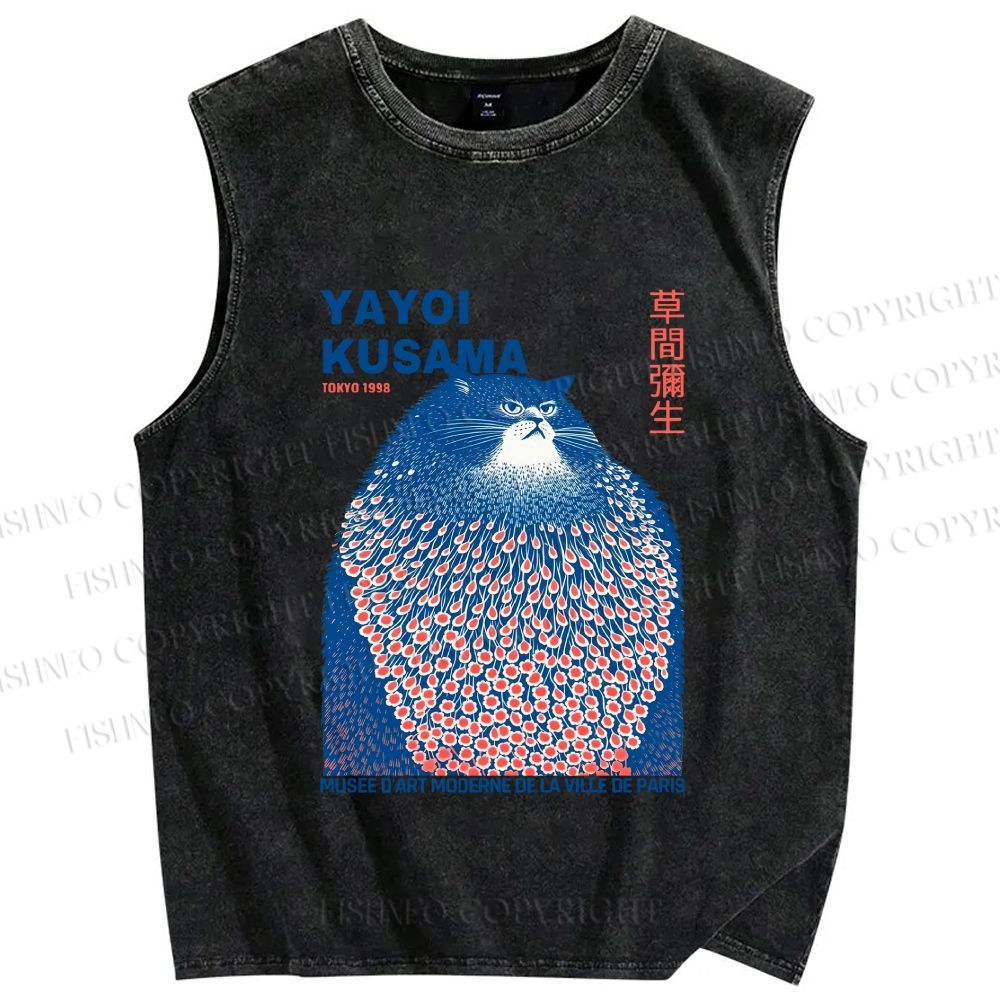 Unisex Yayoi Kusama Blue Cat Printed Washed Tank Top