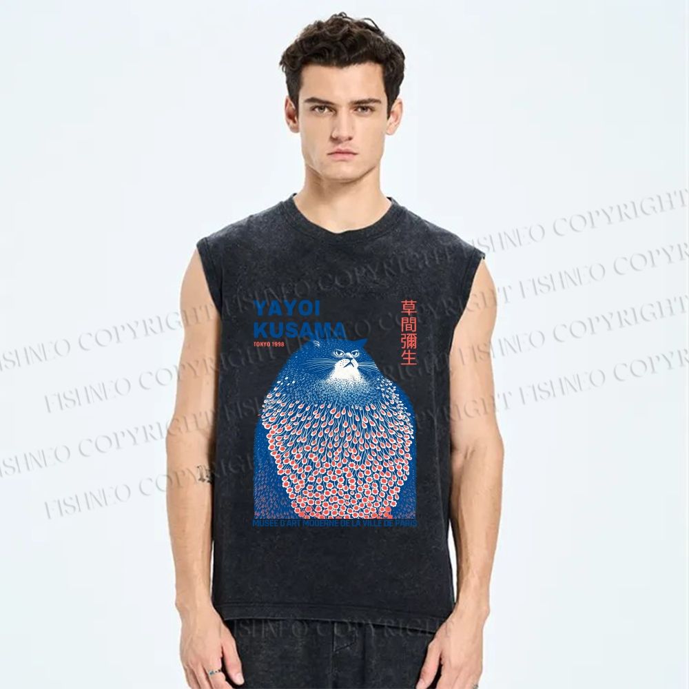 Unisex Yayoi Kusama Blue Cat Printed Washed Tank Top