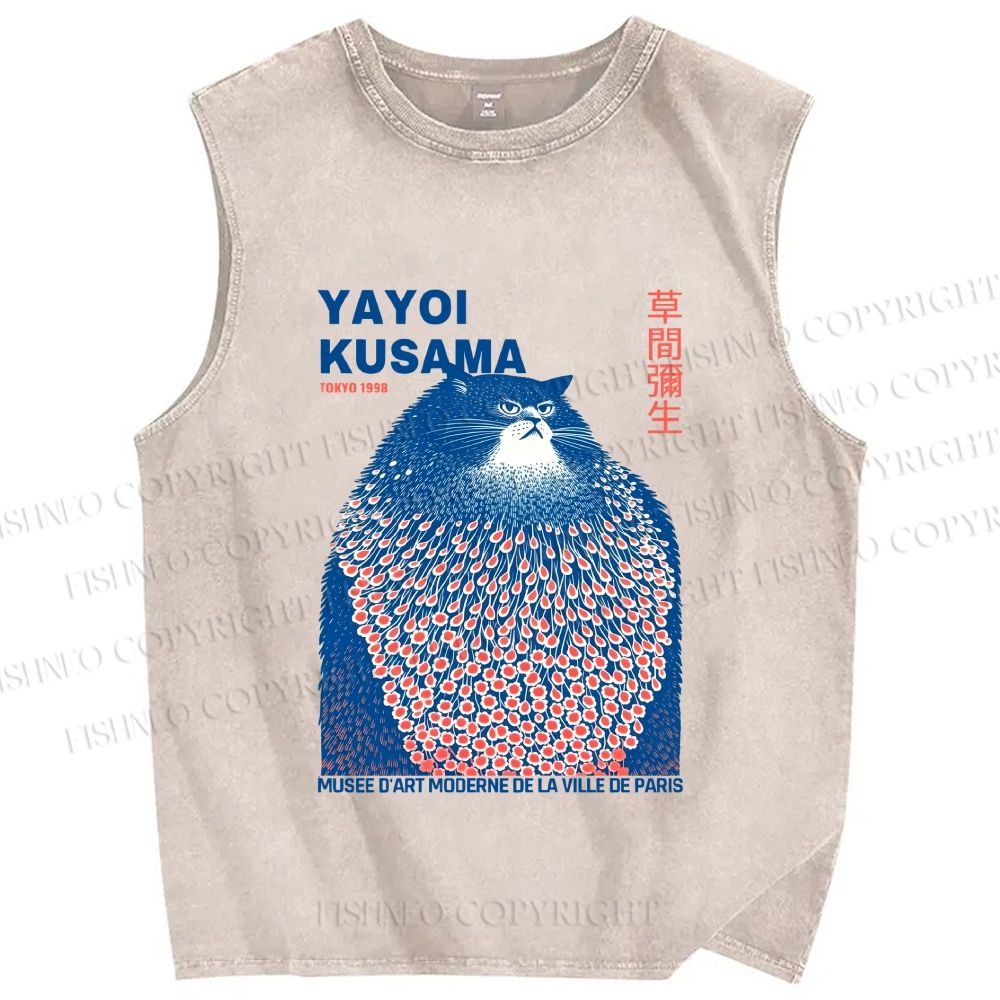 Unisex Yayoi Kusama Blue Cat Printed Washed Tank Top