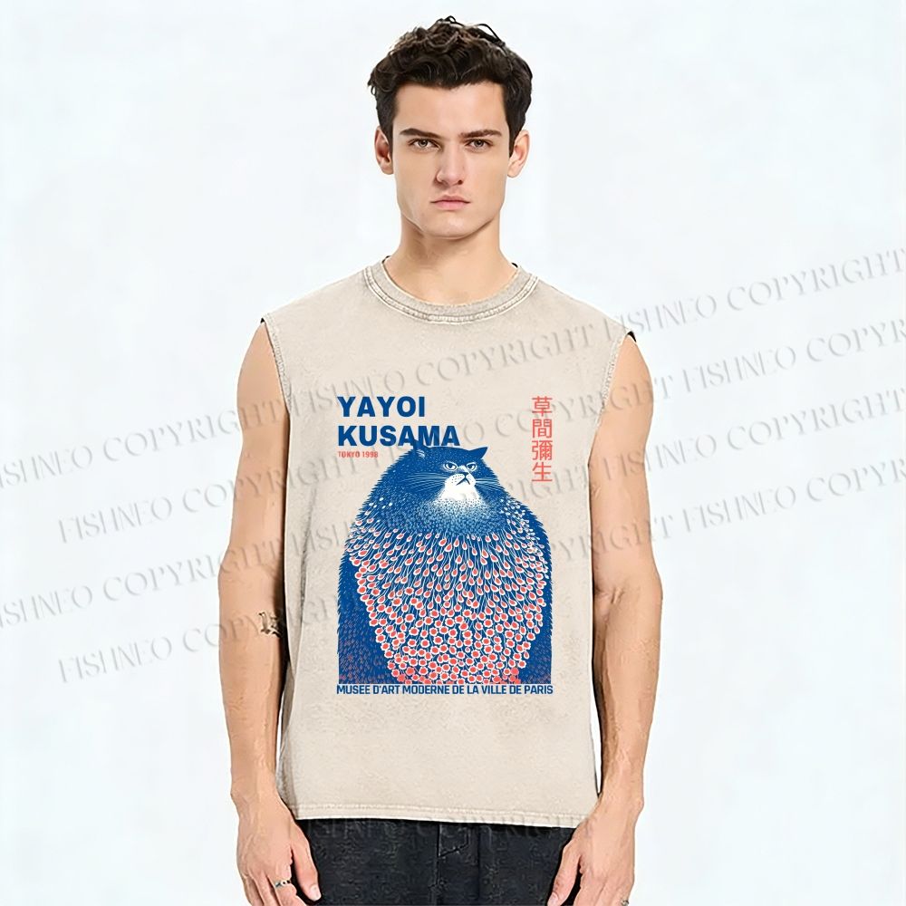 Unisex Yayoi Kusama Blue Cat Printed Washed Tank Top