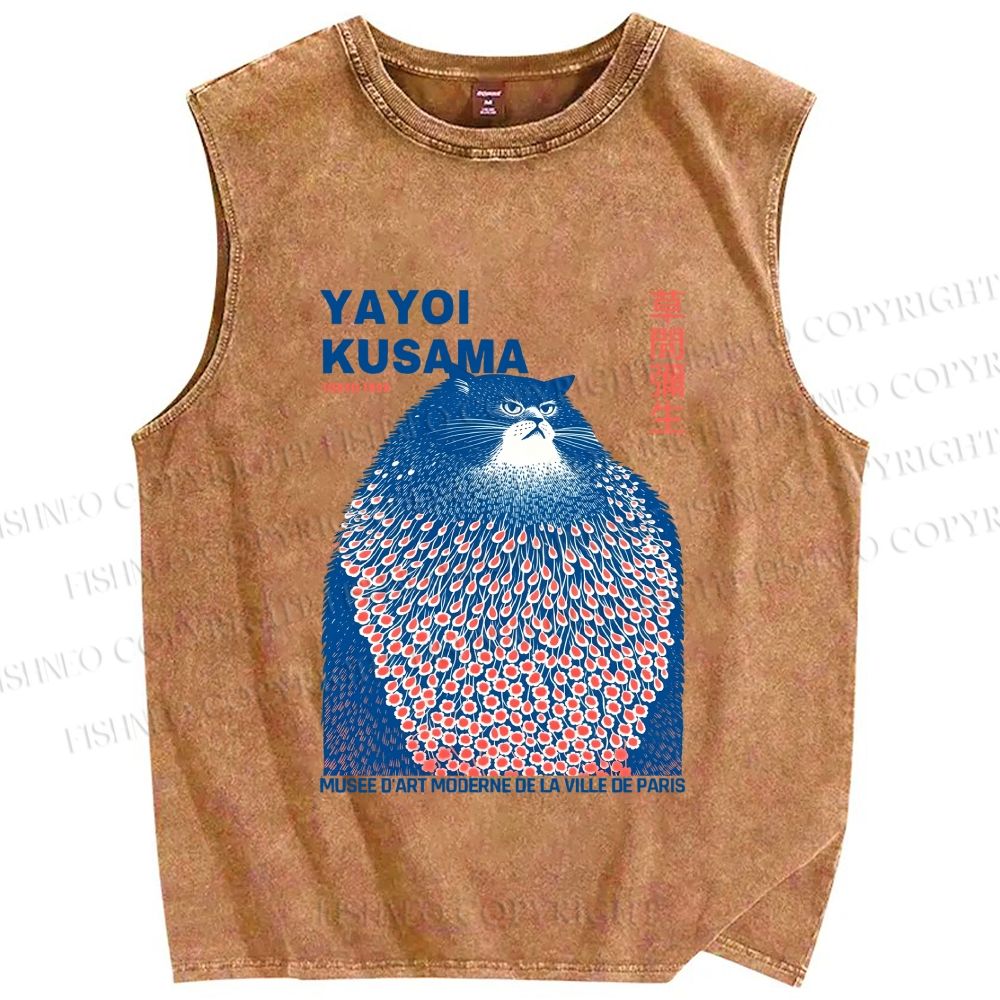 Unisex Yayoi Kusama Blue Cat Printed Washed Tank Top