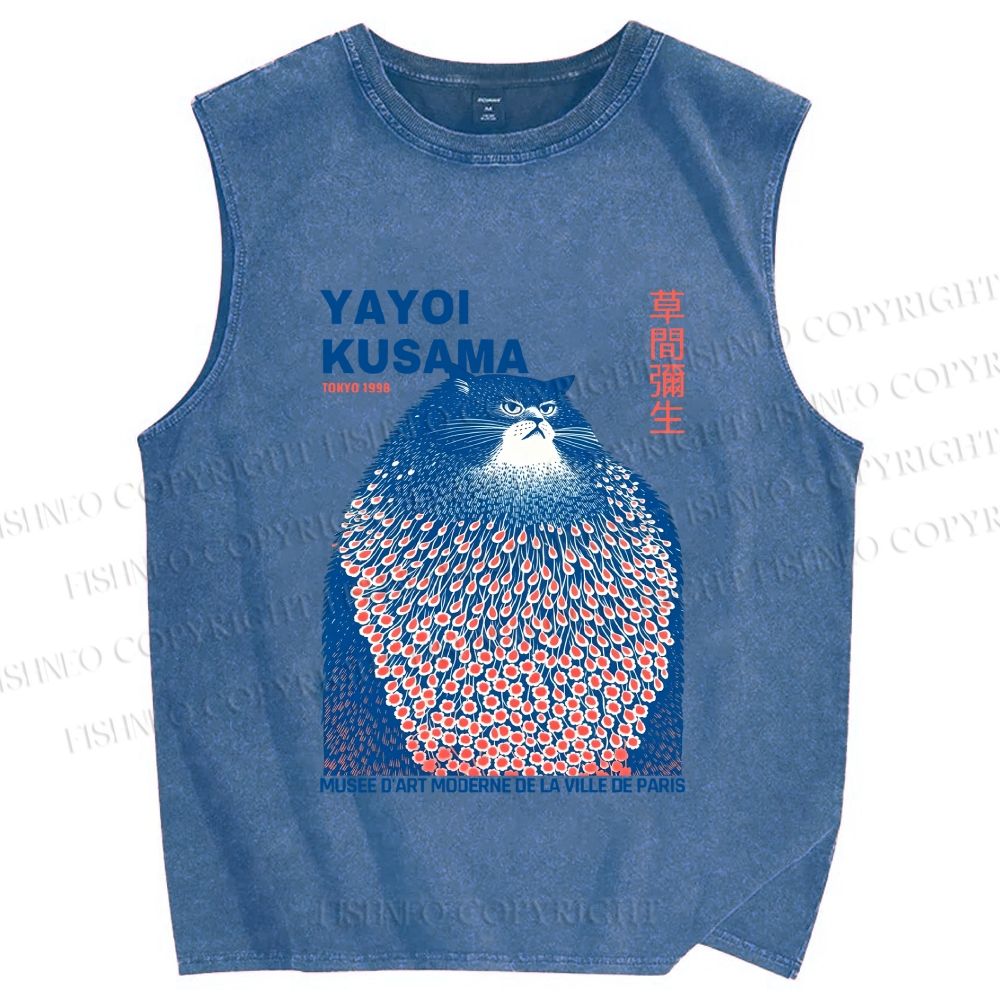 Unisex Yayoi Kusama Blue Cat Printed Washed Tank Top