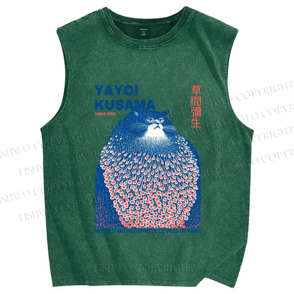 Unisex Yayoi Kusama Blue Cat Printed Washed Tank Top