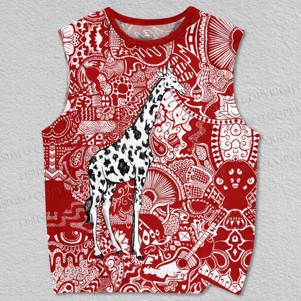 Unisex Giraffe in Red Graffiti Printed Tank Top