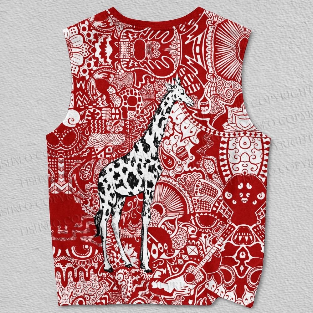 Unisex Giraffe in Red Graffiti Printed Tank Top