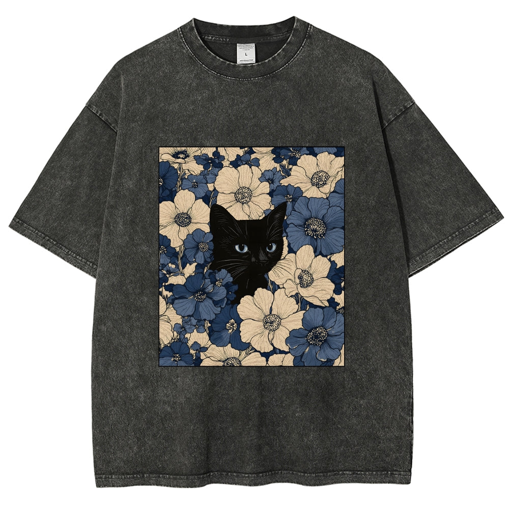 Cat In The Flowers Washed T-Shirt