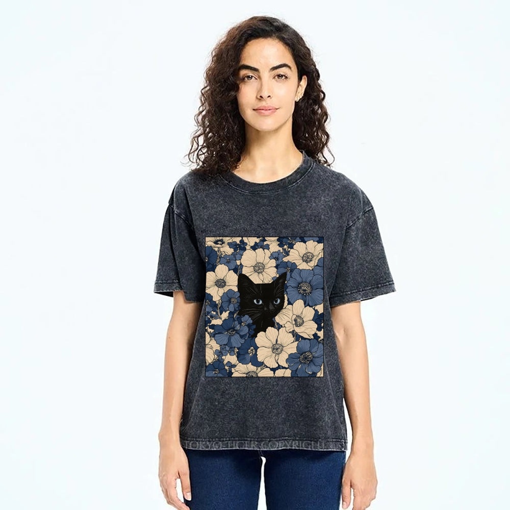 Cat In The Flowers Washed T-Shirt