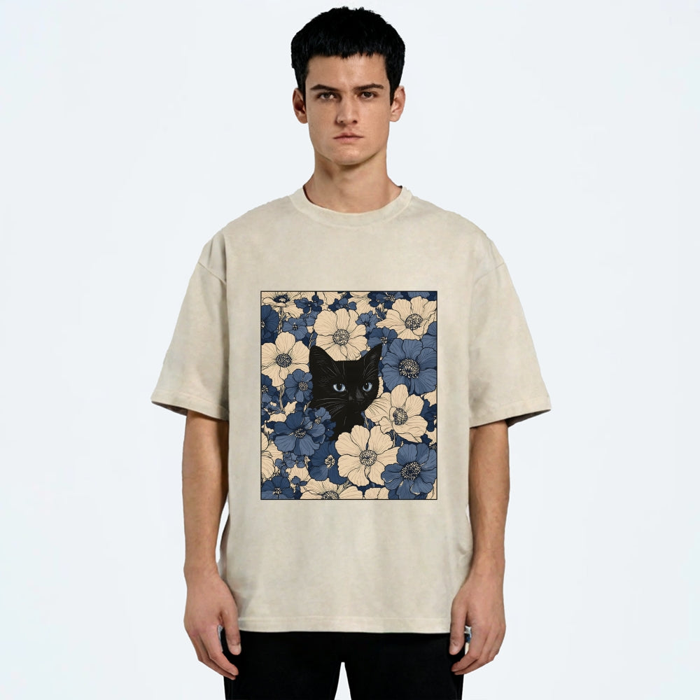 Cat In The Flowers Washed T-Shirt