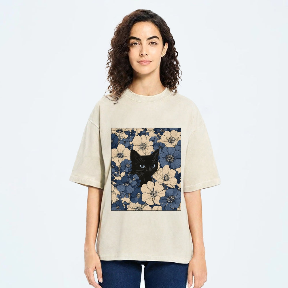 Cat In The Flowers Washed T-Shirt