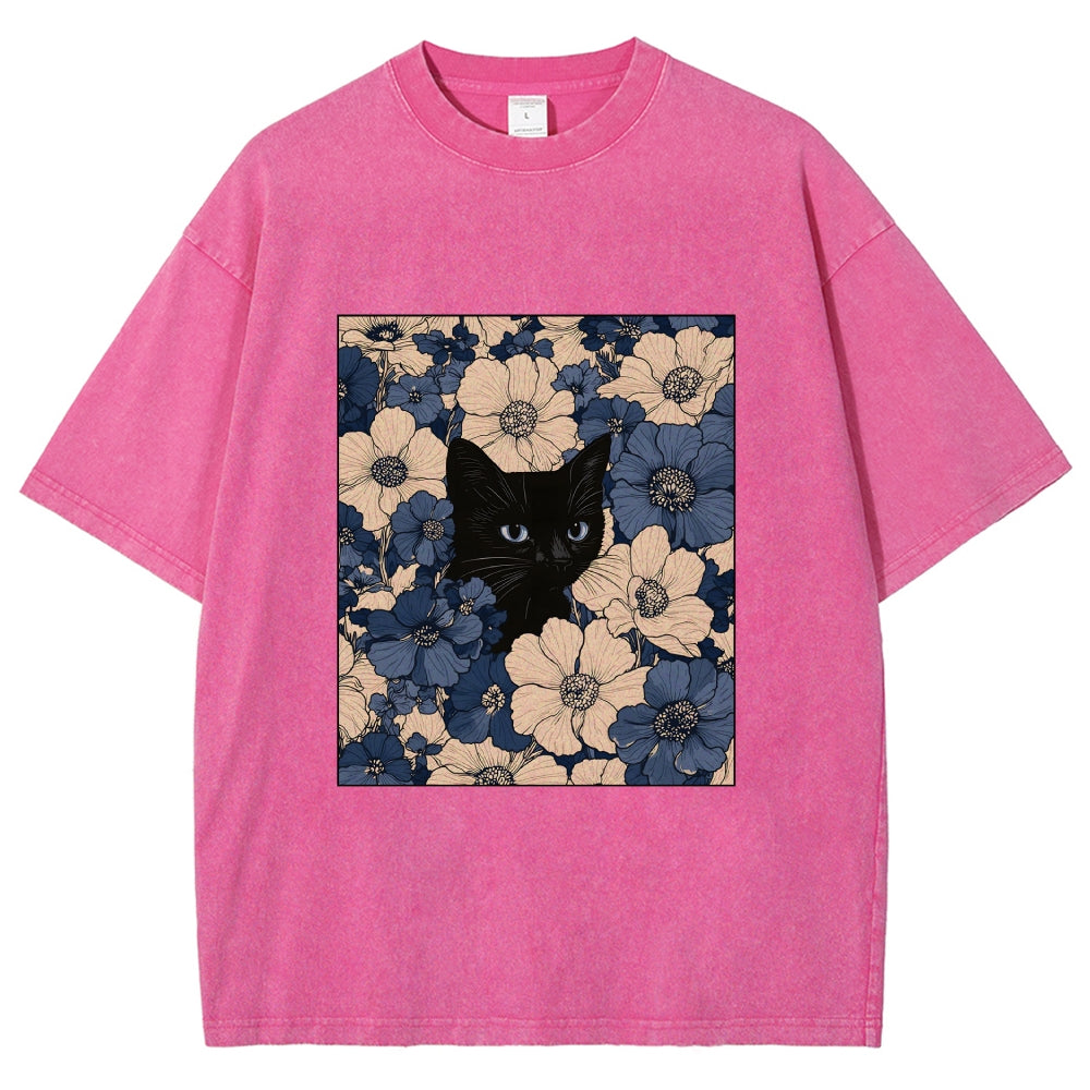 Cat In The Flowers Washed T-Shirt