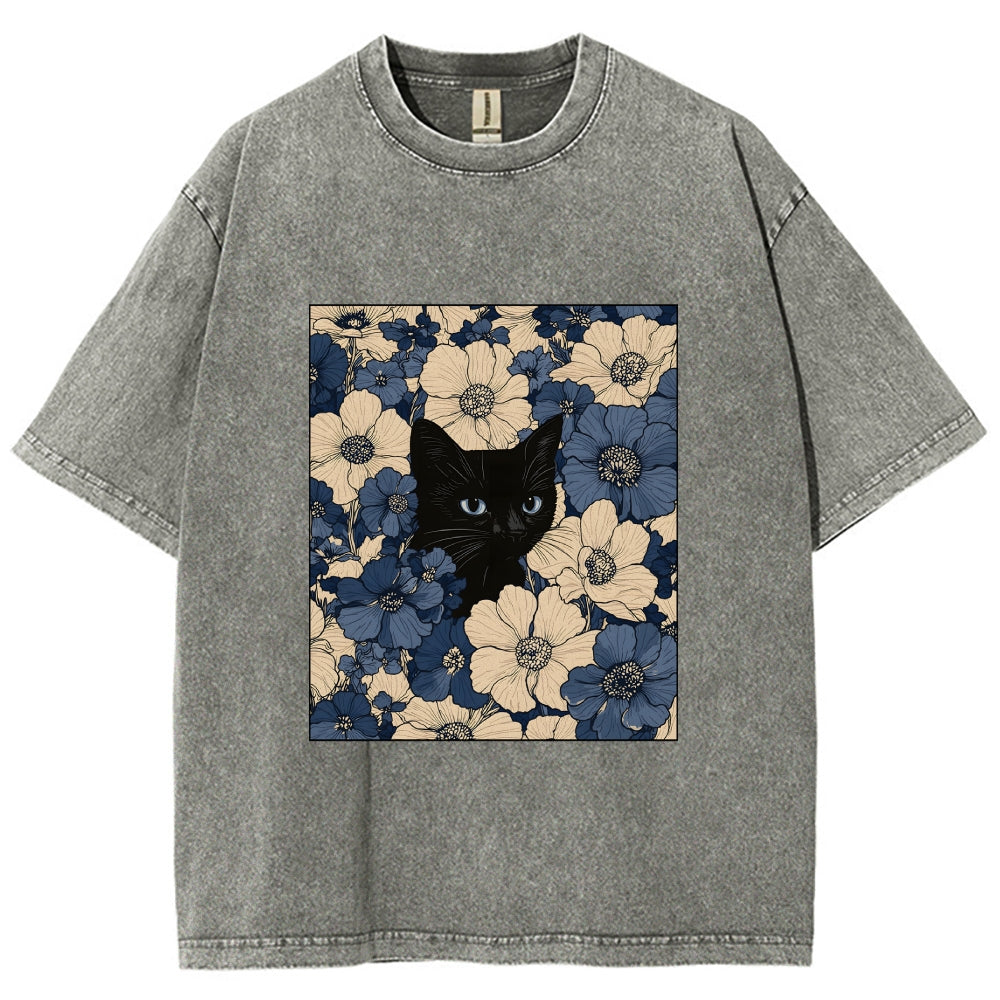Cat In The Flowers Washed T-Shirt