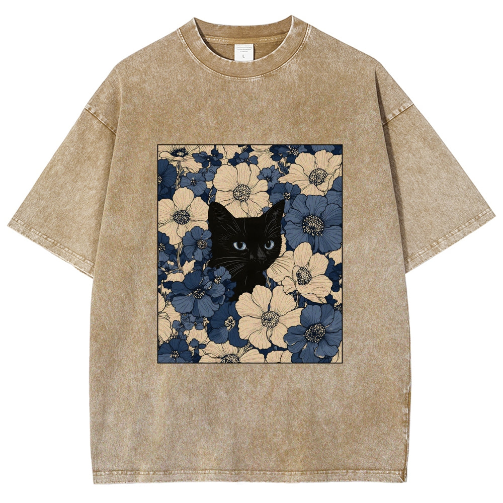 Cat In The Flowers Washed T-Shirt