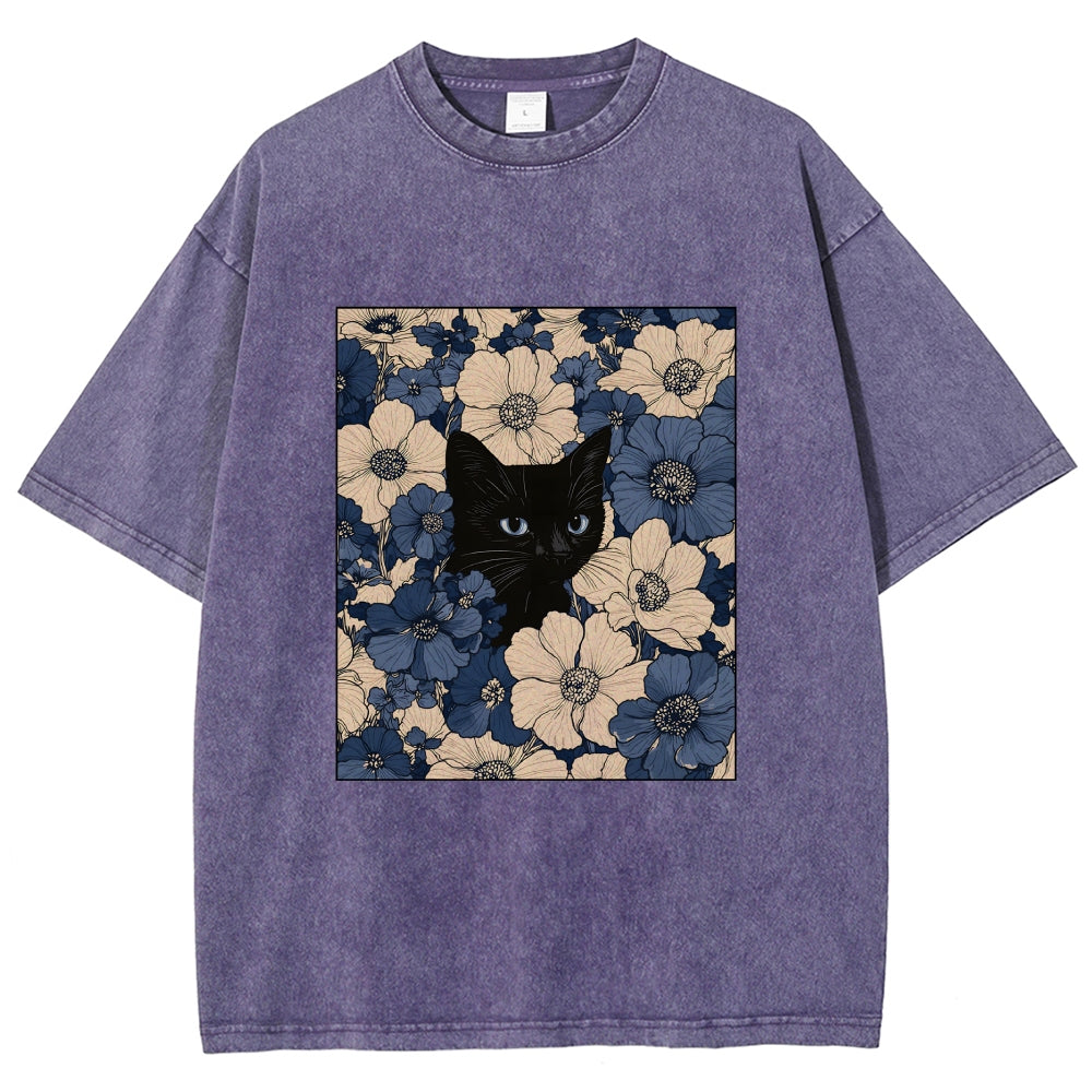 Cat In The Flowers Washed T-Shirt