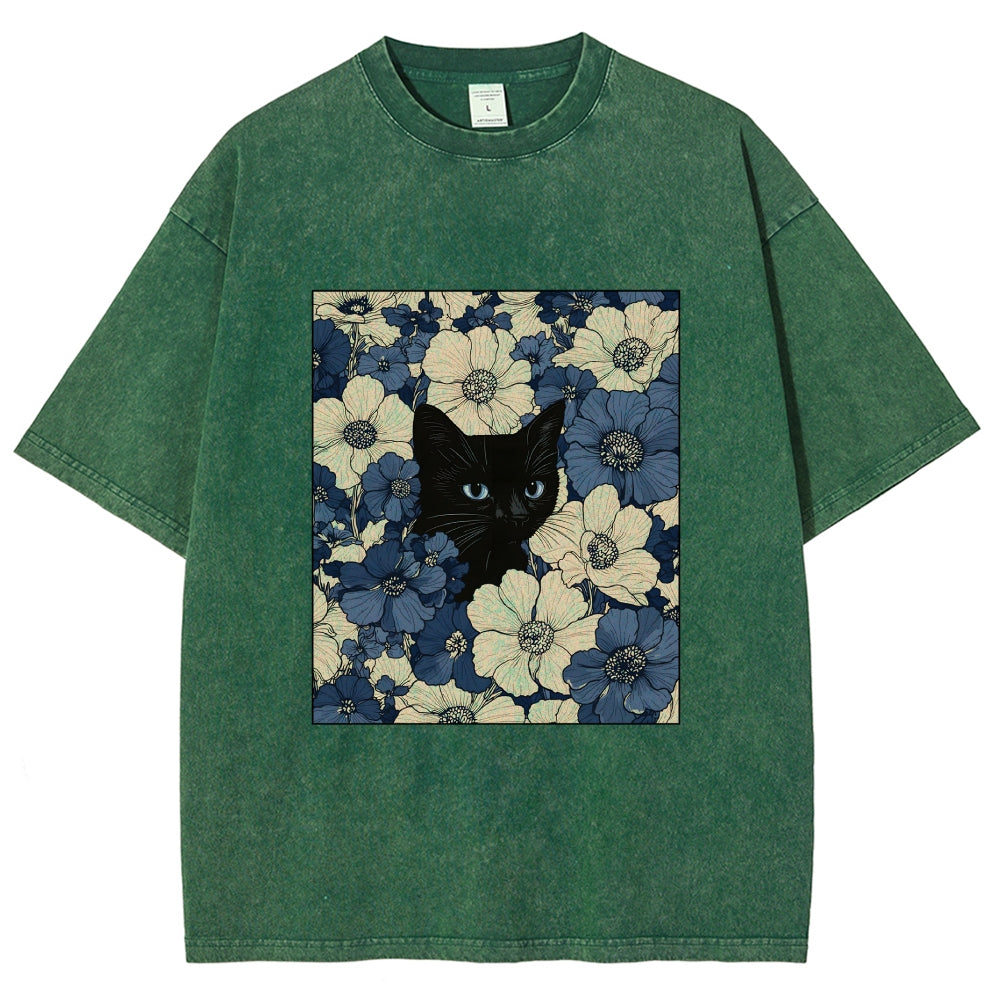 Cat In The Flowers Washed T-Shirt