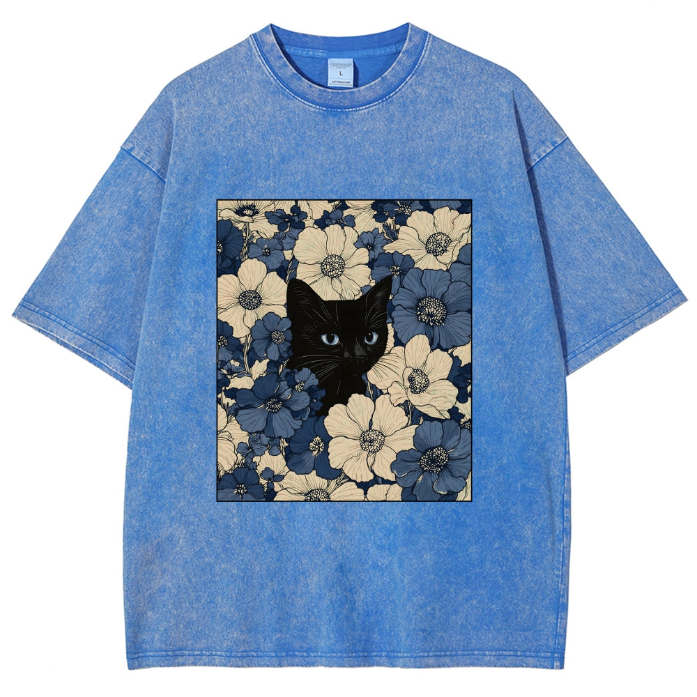 Cat In The Flowers Washed T-Shirt