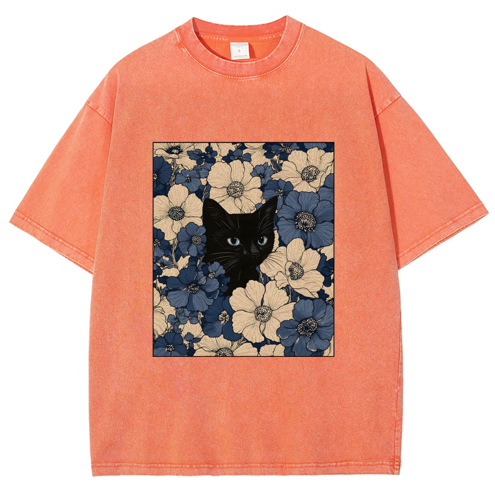 Cat In The Flowers Washed T-Shirt