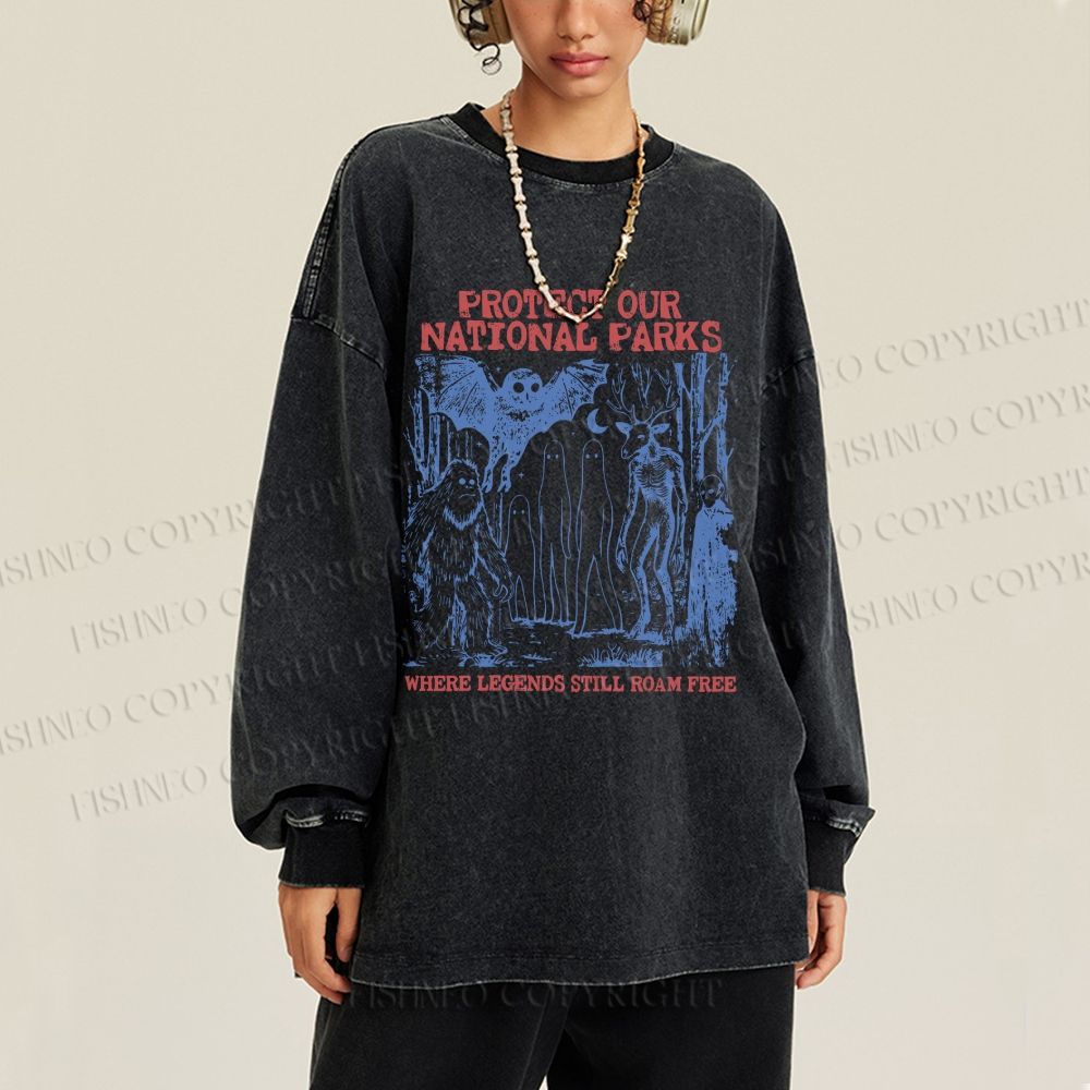 Unisex Casual Washed Cryptid National Parks Printed Long Sleeve T-shirt