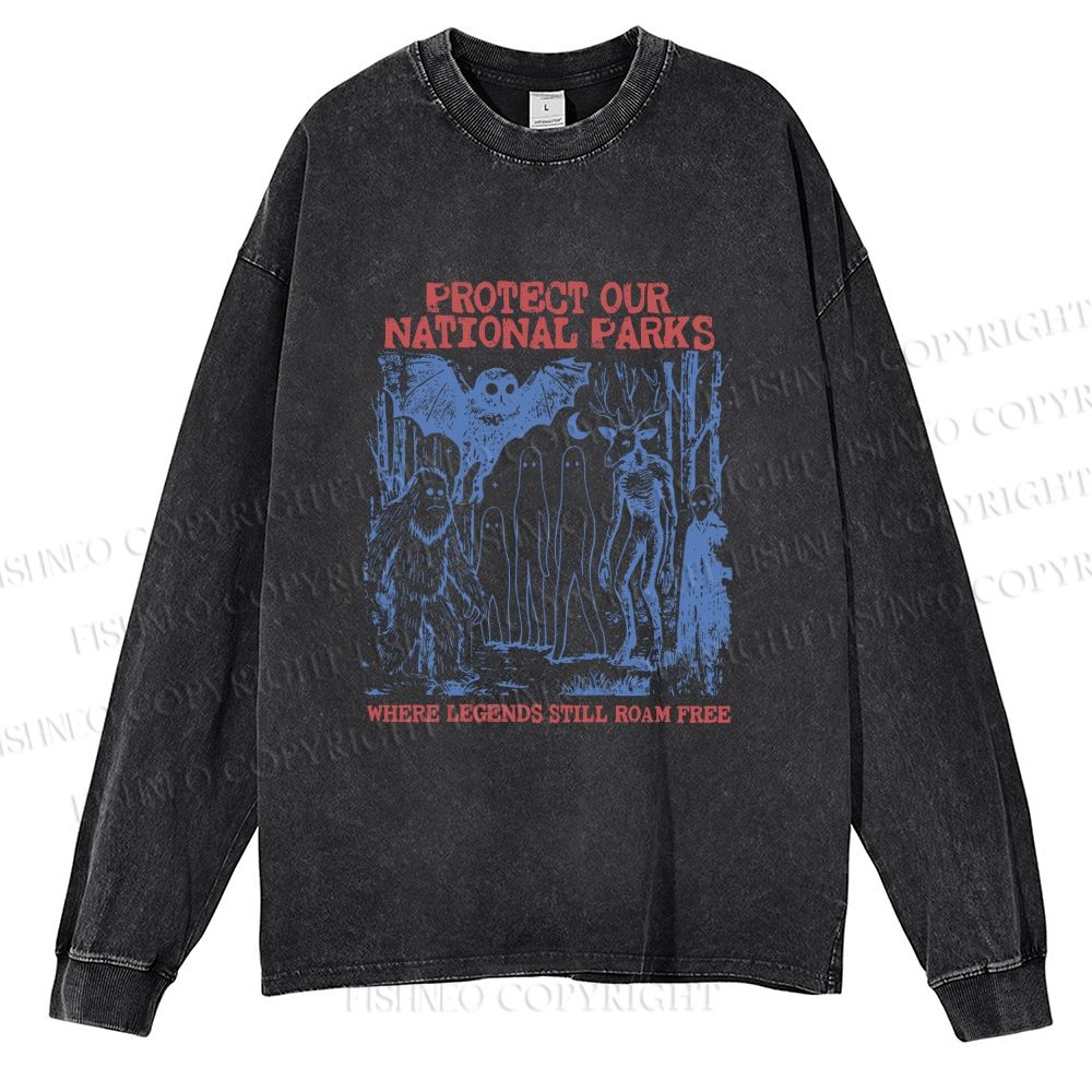 Unisex Casual Washed Cryptid National Parks Printed Long Sleeve T-shirt