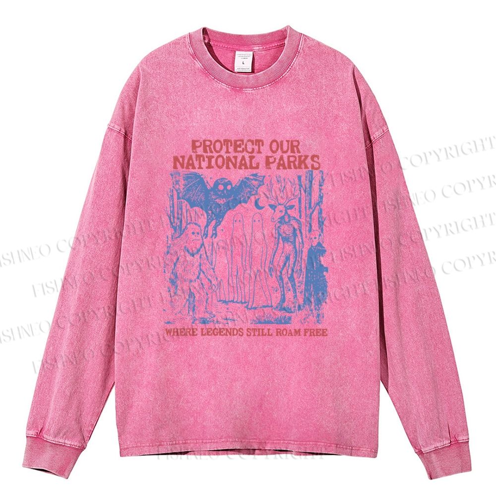 Unisex Casual Washed Cryptid National Parks Printed Long Sleeve T-shirt