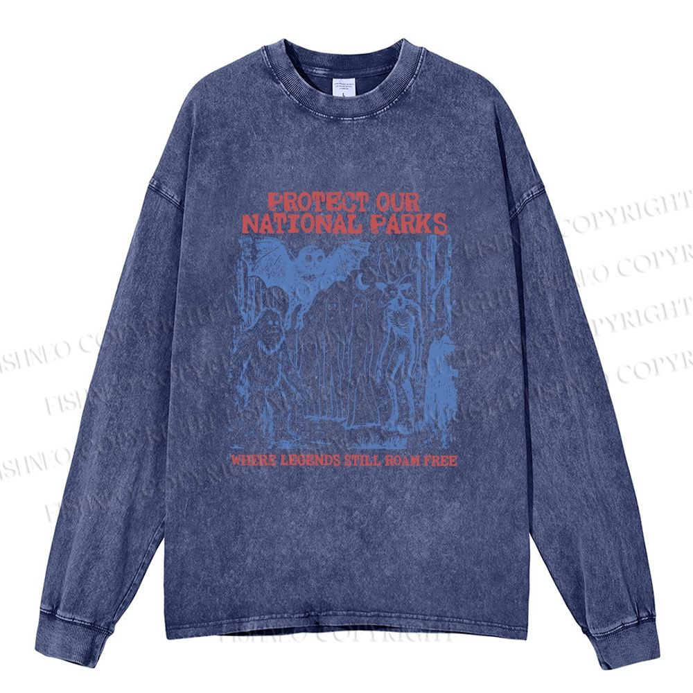 Unisex Casual Washed Cryptid National Parks Printed Long Sleeve T-shirt