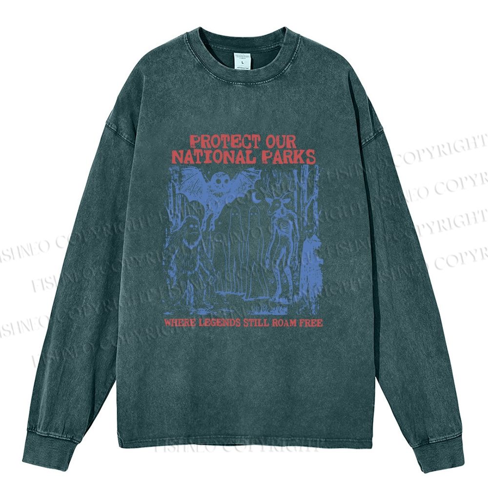 Unisex Casual Washed Cryptid National Parks Printed Long Sleeve T-shirt