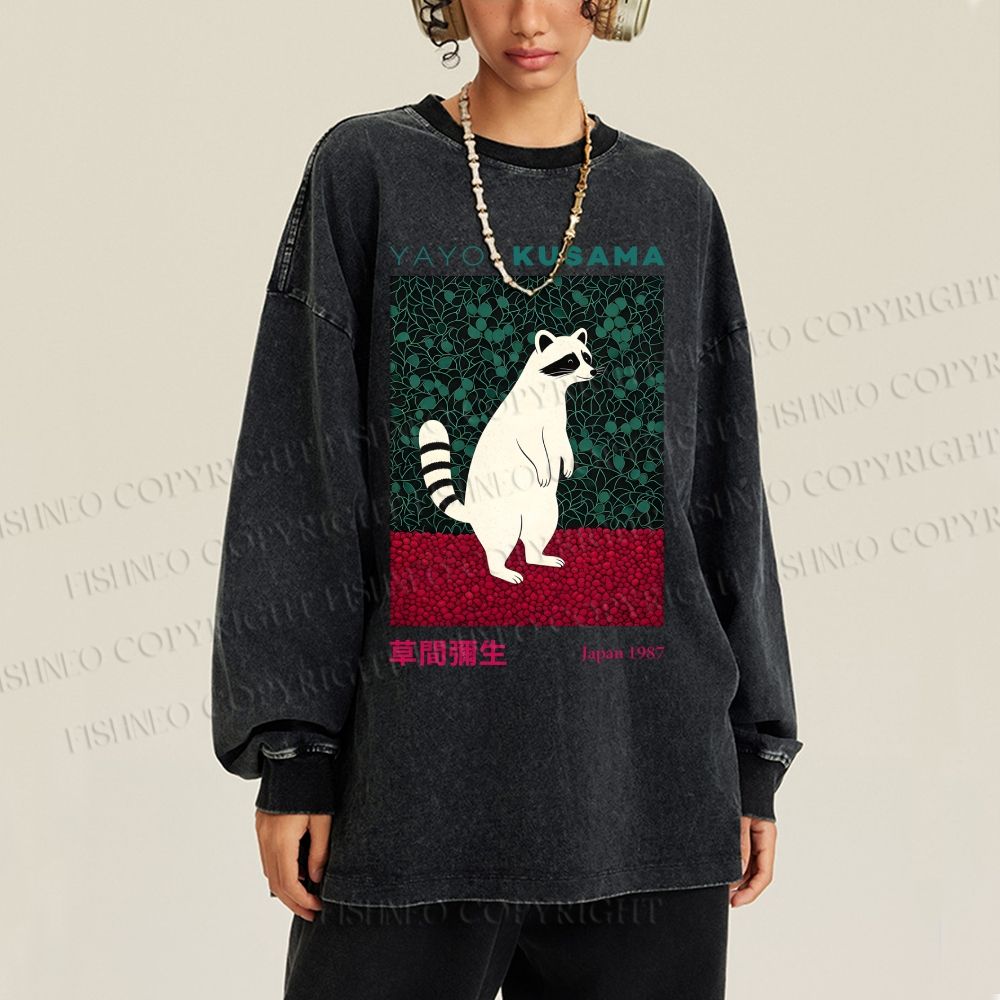 Unisex Casual Washed Yayoi Kusama Raccoon Printed Long Sleeve T-shirt