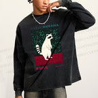 Unisex Casual Washed Yayoi Kusama Raccoon Printed Long Sleeve T-shirt