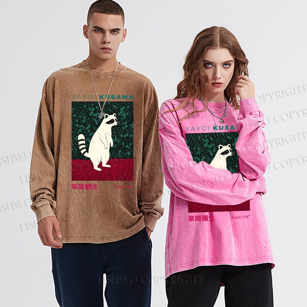 Unisex Casual Washed Yayoi Kusama Raccoon Printed Long Sleeve T-shirt