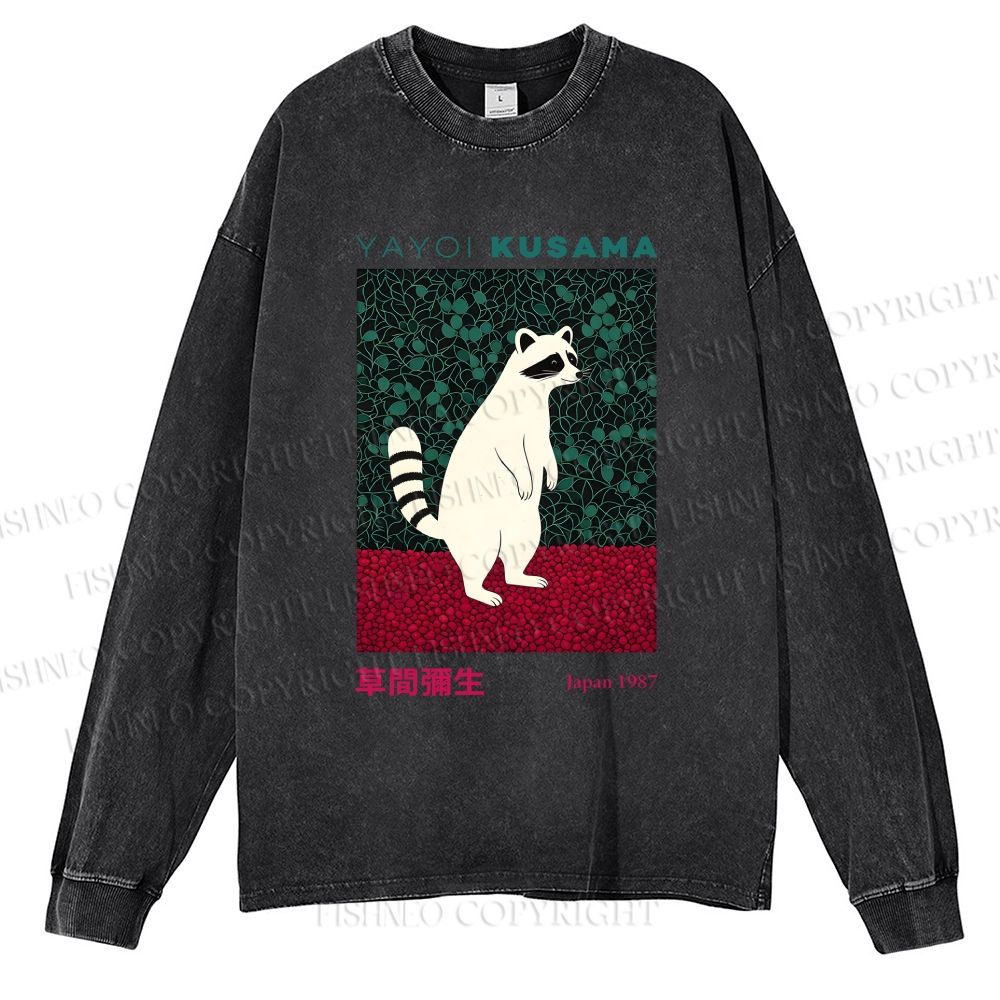 Unisex Casual Washed Yayoi Kusama Raccoon Printed Long Sleeve T-shirt
