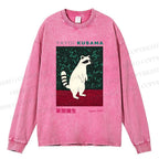 Unisex Casual Washed Yayoi Kusama Raccoon Printed Long Sleeve T-shirt