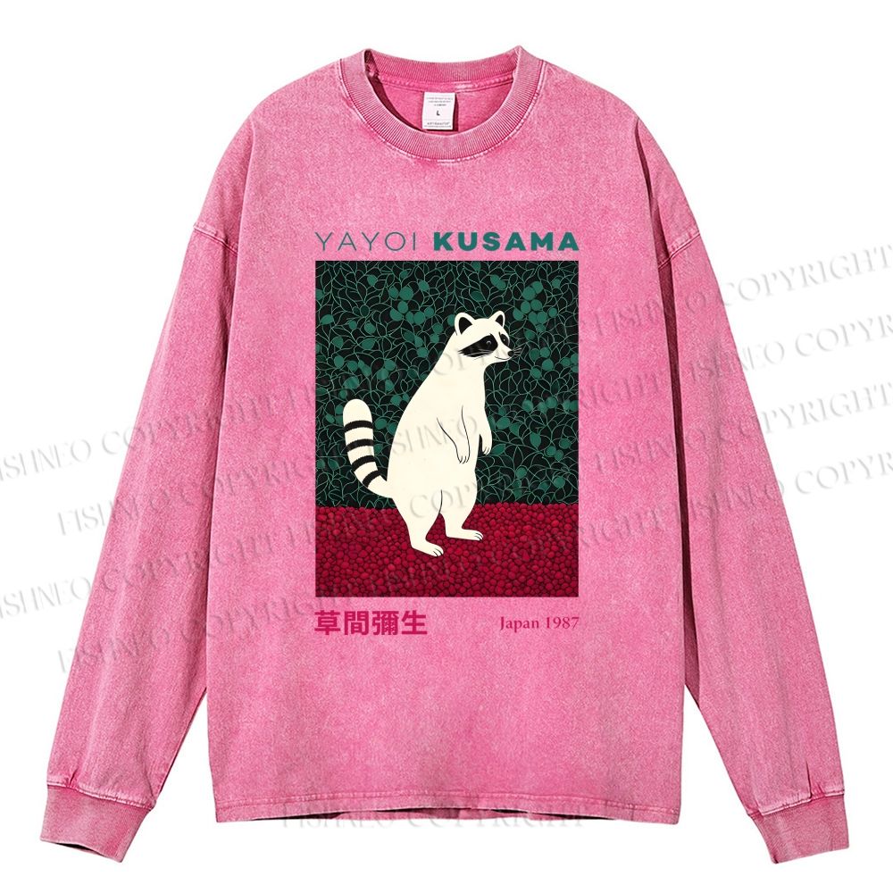 Unisex Casual Washed Yayoi Kusama Raccoon Printed Long Sleeve T-shirt
