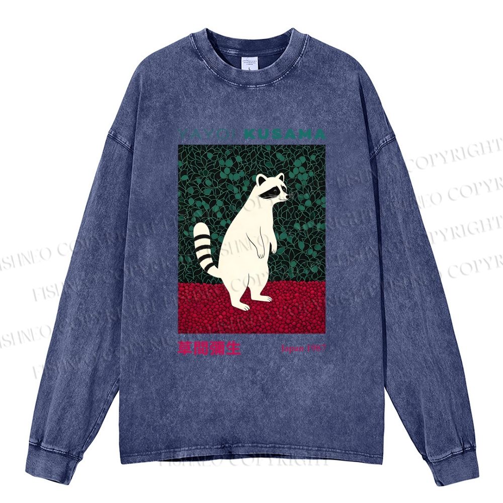 Unisex Casual Washed Yayoi Kusama Raccoon Printed Long Sleeve T-shirt