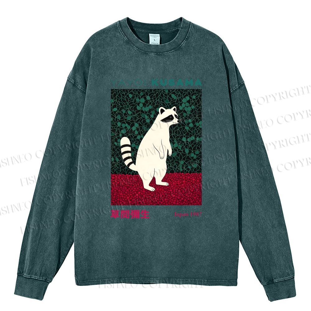 Unisex Casual Washed Yayoi Kusama Raccoon Printed Long Sleeve T-shirt