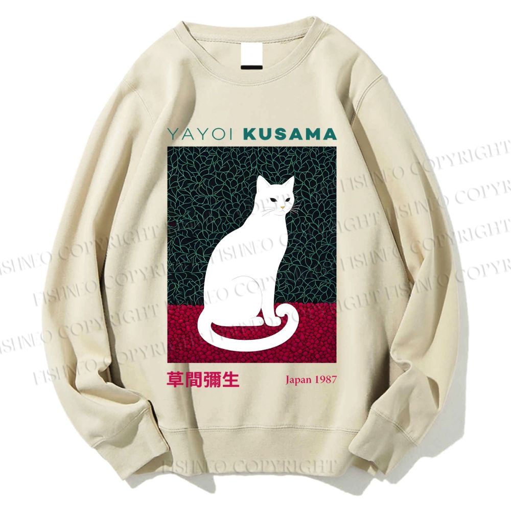 Unisex Yayoi Kusama White Cat Printed Sweatshirt