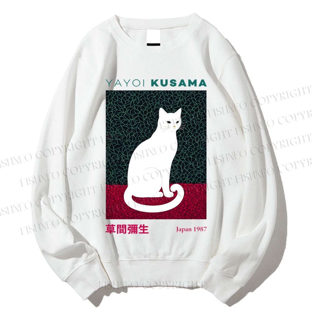 Unisex Yayoi Kusama White Cat Printed Sweatshirt