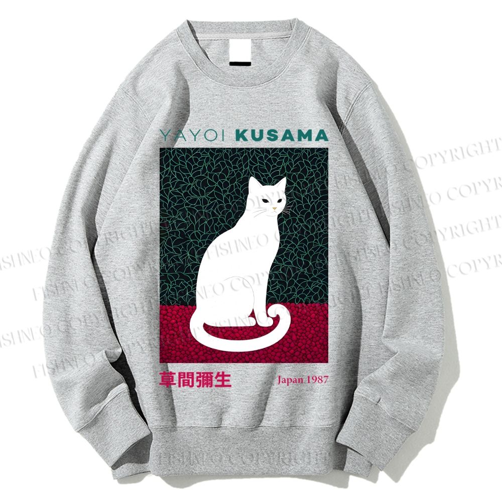 Unisex Yayoi Kusama White Cat Printed Sweatshirt