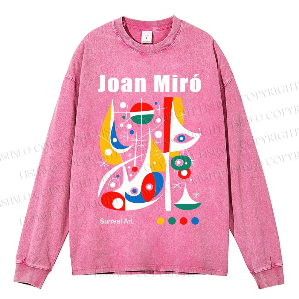 Unisex Casual Washed Joan Miró Style Art Printed Long Sleeve T-shirt